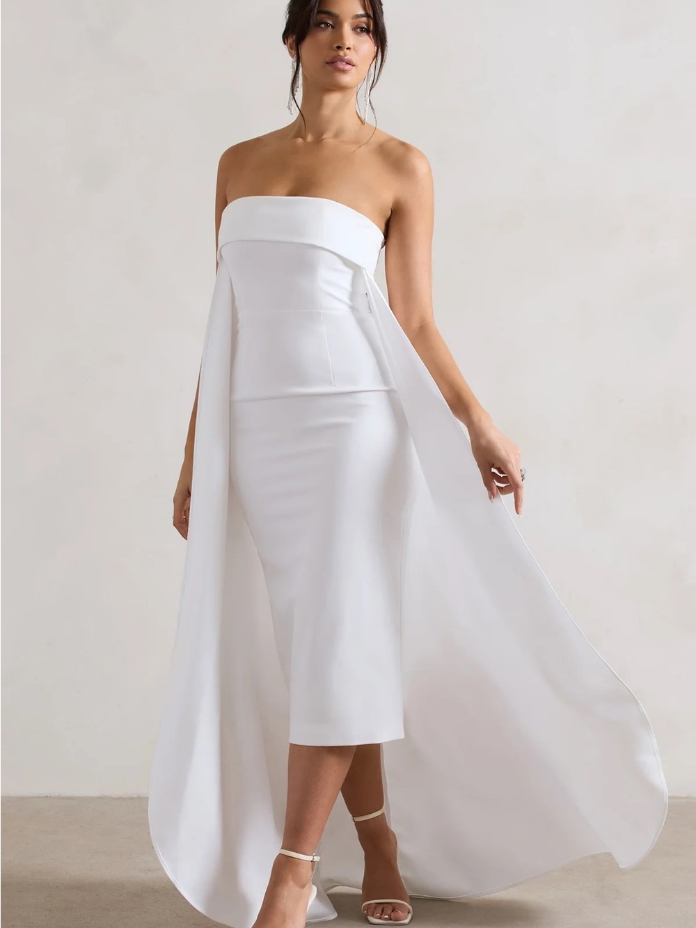 Club L London Strapless White Midi Dress with Draped Cape Detail
